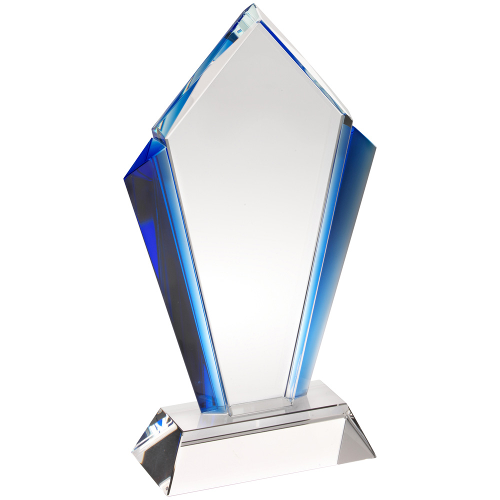 CLEAR GLASS ARROWHEAD PLAQUE WITH BLUE SIDES (18MM THICK)