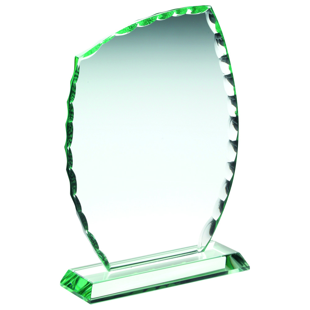 JADE GLASS PLAQUE WITH ANGLED TOP AND PATTERNED EDGE (10MM THICK)