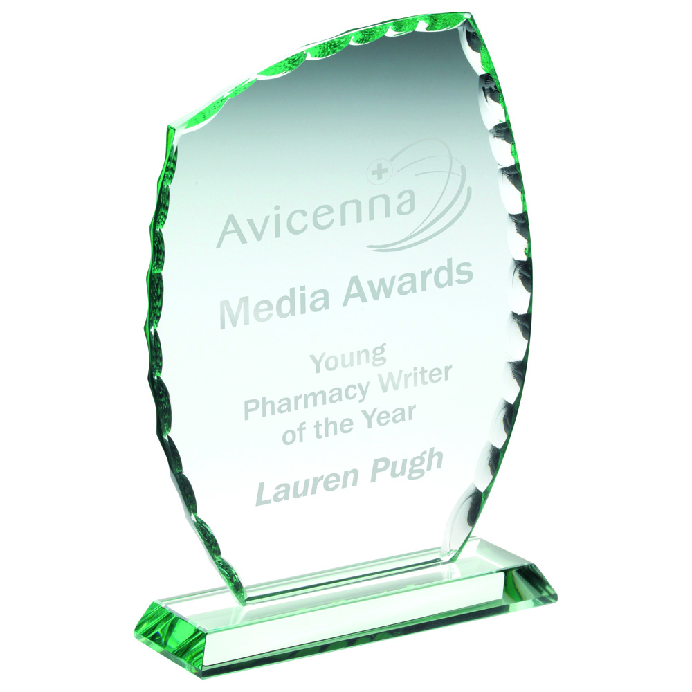 JADE GLASS PLAQUE WITH ANGLED TOP AND PATTERNED EDGE (10MM THICK) - Image 2