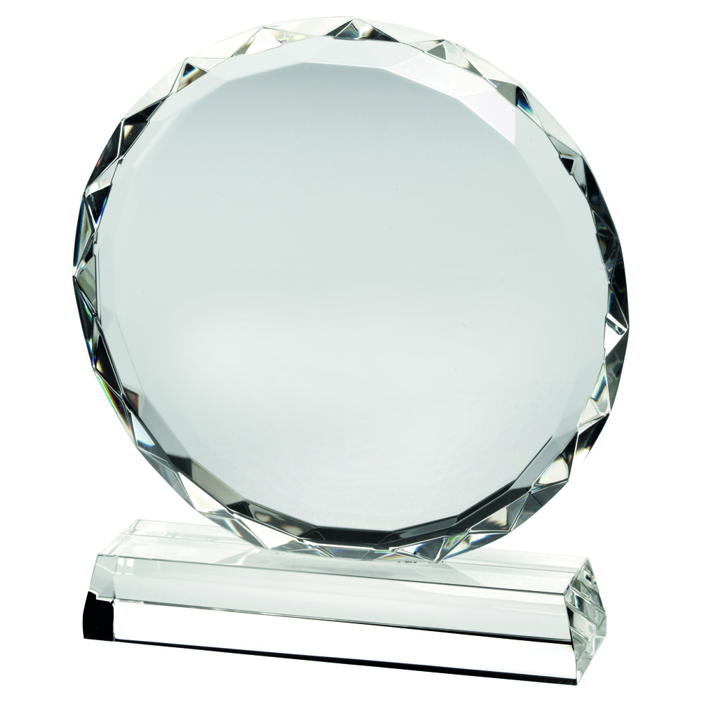 CLEAR GLASS CIRCLE WITH FACETED EDGE ON BASE (25MM THICK)